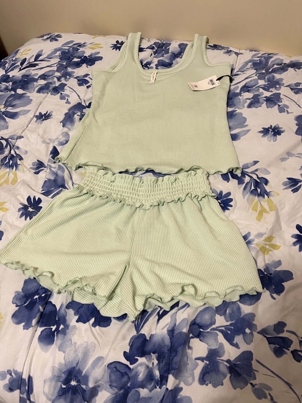 Laura Ashley Light Green Ribbed Tank & Shorts Pajama Set